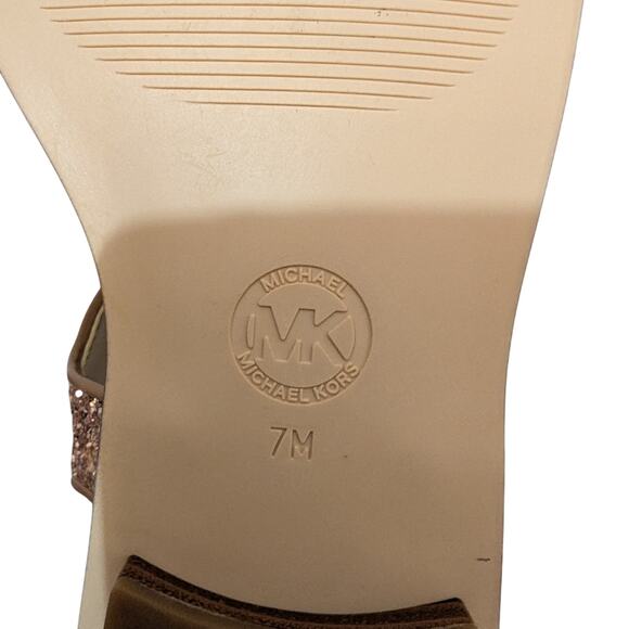 #429 - NEW WITH BOX -  Michael Kors Brown and Gold Sandals with Glitter T-Strap